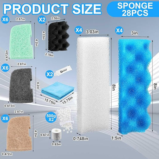 32 Pcs Filter Media Compatible with 306/307 Filters, Aquarium Replacement Maintenance Kit Including Biological Sponge, Ammonia/Phosphate/Nitrite Remover Pad, Aquarium Towel, Grease