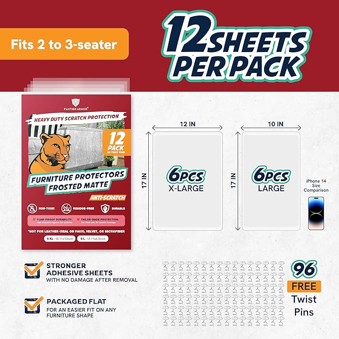 12 Pack Cat Scratch Furniture Protector Sheets – Matte Finish Couch & Sofa Guard from Cat Claws – Easy Apply, Removable, with Twist Pins (6 XL + 6 Large)
