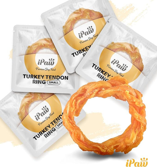 iPaw Turkey Tendons for Dogs, 100% Turkey and US Sourced Raw Material, Hypoallergenic, All Natural Human Grade Puppy Chew, Rawhide Alternative Dog Treats, 4 Units/Pack Ring (Small)