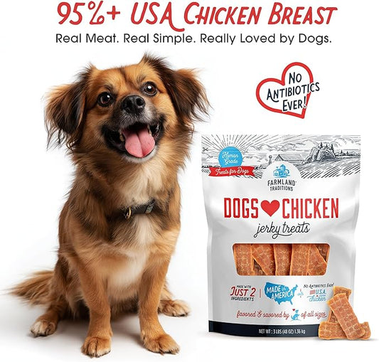 Farmland Traditions Dogs Love Chicken Jerky Dog Treats, Premium Two-Ingredient Dog Jerky with USA-Raised, Human-Grade Chicken & No Antibiotics Ever, 3-Pound Bag