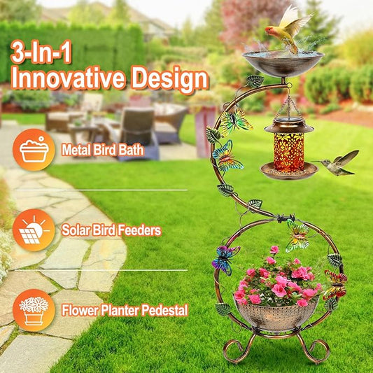 3 In 1 Bird Bath for Outside and Solar Bird Feeders Combo with Flower Planter Pedestal, 38" Metal Bird Baths Heavy Duty for Outdoors, Vintage Birdbaths for Garden Yard Lawn Decor -Waterproof