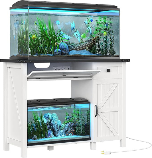 40 Gallon Fish Tank Stand with Power Outlets, Farmhouse Decorative Aquarium Stand Furniture with Adjustable Shelves and Drawer, Reptile Turtle Tank Stand with Cabinet Storage (White, 30-40GL)