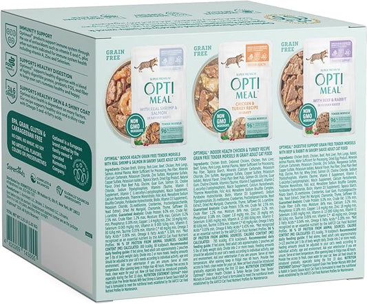 Optimeal Wet Cat Food Variety Pack - Grain Free Tender Morsels, High Protein Premium Nutrition Made with Natural European Ingredients in Savory Gravy, Adult Wet Cat Food Pouches 3oz Pouch (Pack of 12)