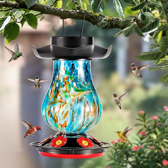 Solar Hummingbird Feeder for Outdoor - 25 fl.oz Hand Blown Glass Hummingbird Feeders for Outdoors Hanging, Large Capacity with Moat, 6 Colors Changing Light Outside Garden Decor (Blue)