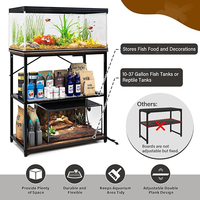 TC-HOMENY Fish Tank Stand 10,20,29,37 Gallon, Aquarium Stand with adjustable shelf,1000LB Capacity ,31" L x 16" W Metal Reptile Tank Stand, Double Storage Design Adjustable Boards, Brown