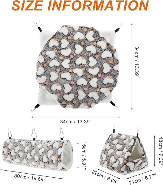 Ferret Hammock, Small Pet Cage Accessories, Ferret Bed, Pet Cage Hammock Hanging Tunnel and Bed Hideout Set for Hamster Squirrel Rabbit, Brown, 3Pcs