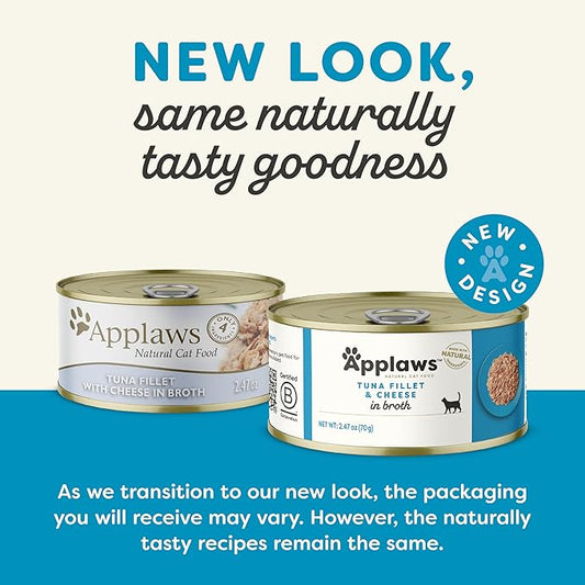 Applaws Wet Cat Food, 24 Count, Limited Ingredient Canned Wet Cat Food, Tuna Fillet with Cheese in Broth, 2.47oz Cans