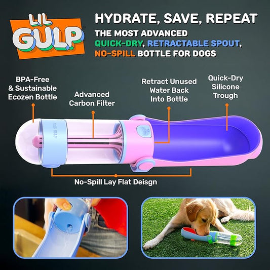 Lil Gulp Water Bottle | Advanced Carbon Filtration for Safe Filtered Water on The Go | BPA-Free Leak-Proof Portable Dog Travel Water Bottle with Retractable Water Spout, 15 Fl oz - Blue