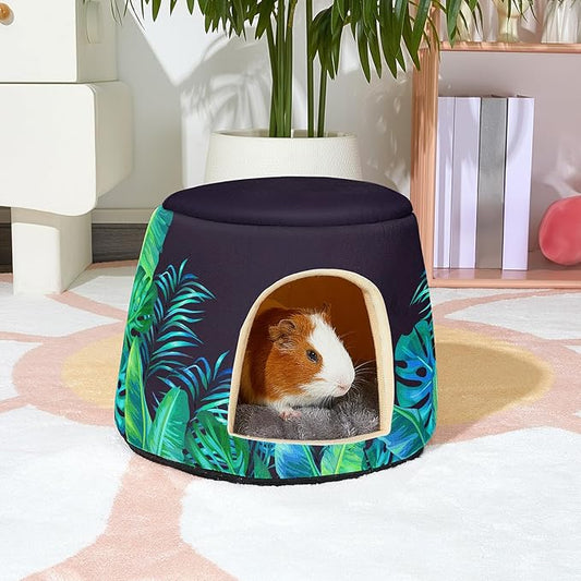 Glittme Guinea Pig Hideout,2 in 1 Guinea Pig Bed with Removable Pad, Washable Bunny Bed,Rabbit,Leaves