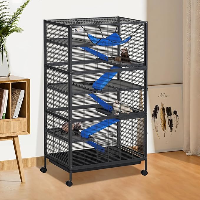 Polar Aurora Metal Small Animal Cage 6 Tiers Homes for Pets Removable Ferret Cage with Lockable Wheels, 59" H Deluxe Chinchilla Cage with Hammock and Removable Tray (XL)