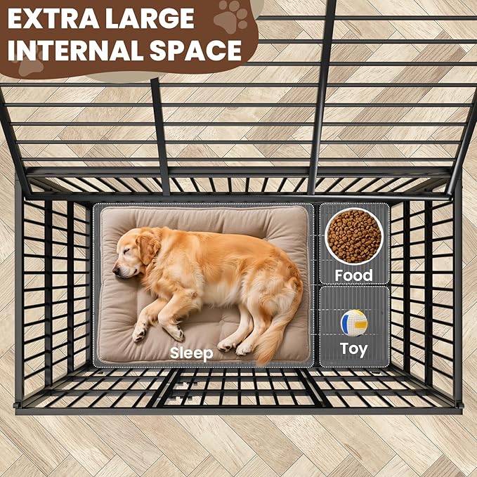 LEVELEVE 54 Inch Heavy Duty Indestructible Dog Crates for Large Dogs,Escape Proof Dog Cage Large Dogs with Lockable Wheels,Dog Kennel Furniture Indoor&Outside