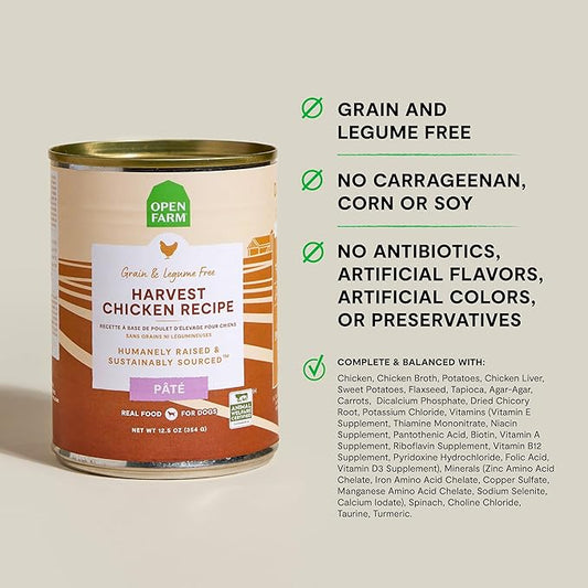 Open Farm Canned Dog Food, Paté for Complete & Balanced Nutrition, Grain-Free and Legume-Free, Harvest Chicken Recipe, 12.5oz Cans (Pack of 12)