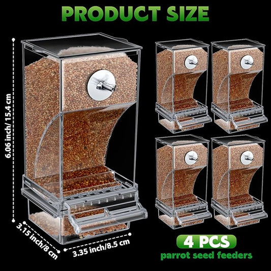 Yaomiao 4 Pcs No Mess Bird Feeders Automatic Parrot Water Dispenser Clear Quail Feeder and Watered Cage Accessories for Small and Medium Parrot Cockatiel Canary(Seed Feeder,Transparent)