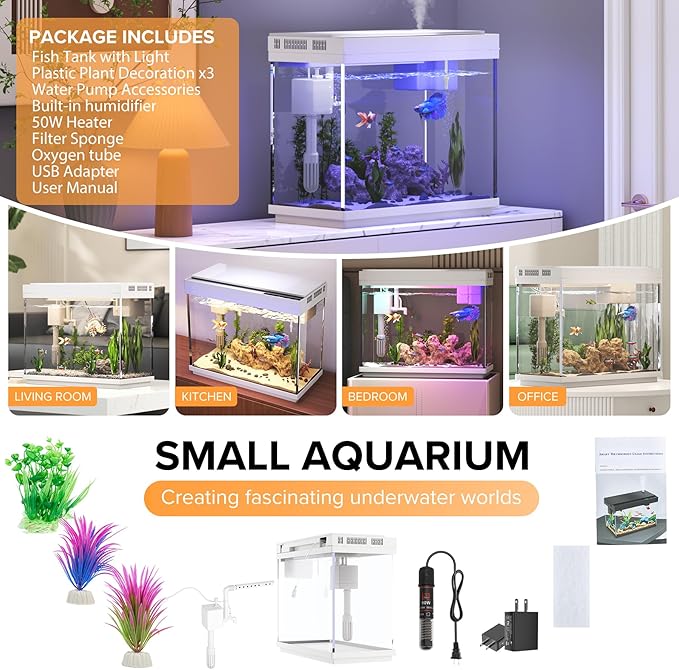 Aquarium, 2.4 Gallon Betta Fish Tank with Heater, Humidifier 3 in 1 Pump - Filteration & Oxygenation & Circulation, Temperature Display, HD Glass, Timed 7-Color Lights