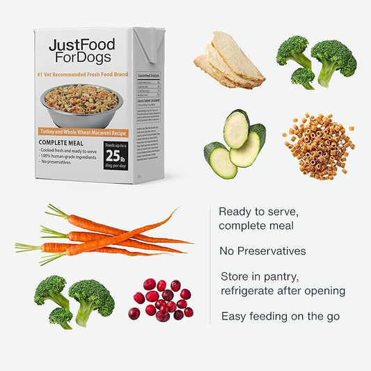 JustFoodForDogs Pantry Fresh Wet Dog Food Complete Meal or Dog Food Topper, Turkey & Whole Wheat Macaroni Human Grade Dog Food Recipe - 12.5 oz (Pack of 12)