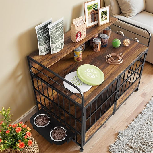 WARCAT Large Furniture Dog Crate, Heavy Duty Dog Crate, Dog Kennel Indoor, Wood Dog Cage Table with Adjustable Lighting Color, Sturdy Metal, 44" L×26" W×37" H, Brown