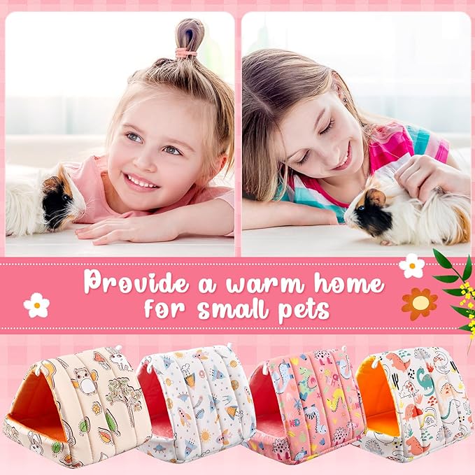 4 Pcs Guinea Pig Hideout, Guinea Pig Bed Tunnel, Rabbit Washable Small House Cage Accessories for Bunny Hedgehog Mouse Chinchillas Hamsters Ferrets Bearded Dragons Rats(Cartoon, 7.9 in)
