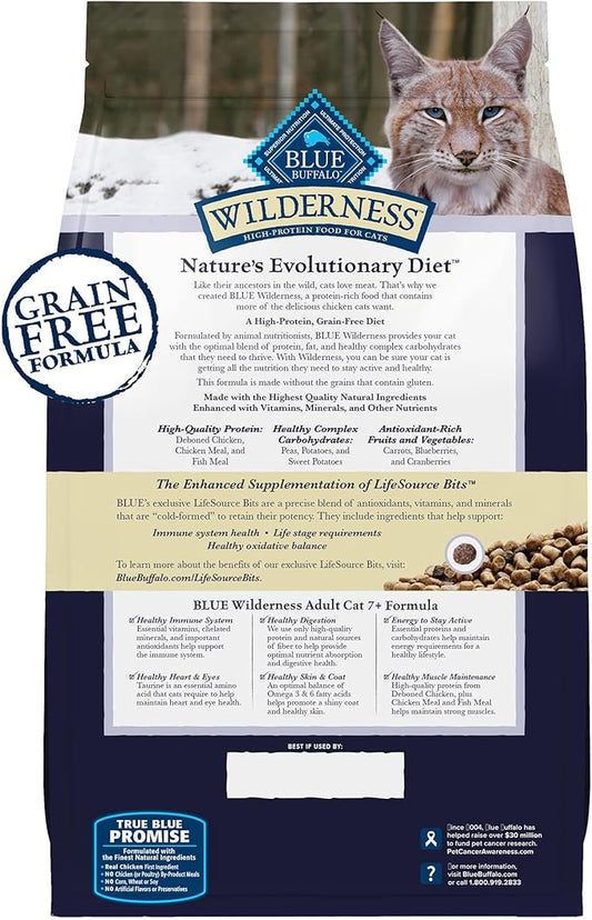 Blue Buffalo Wilderness Natural Mature Dry Cat Food for Cats 7+ Years, High-Protein and Grain-Free Diet, Supports Immune System Health and Energy to Stay Active, Chicken, 5-lb. Bag