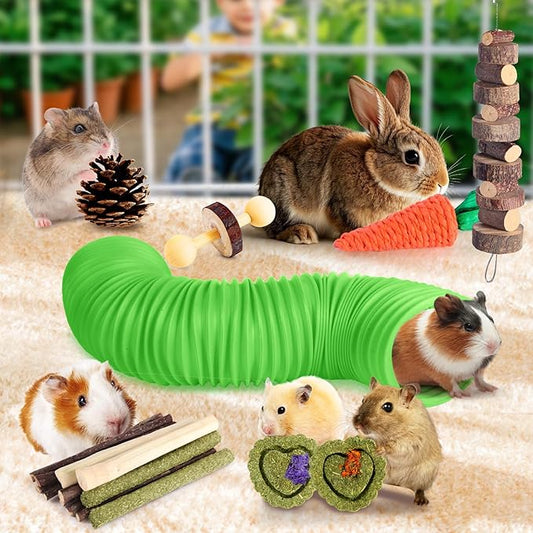 Kyouki Hamster Toys Guinea Pig Toys Set with Tunnel, Chewable Apple Wood & Natural Timothy Hay - Enrichment Chew Toys for Small Animals - 24+ Cage Accessories for Teeth Care & Boredom Relief (Green)