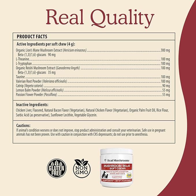 Real Mushrooms Calming Treats for Dogs & Cats – Reishi, Lion’s Mane, Botanicals – Cat & Dog Soft Chews for Daily Use – Calming Chews for Cats & Dogs – 60 ct Grain-Free Pet Bites