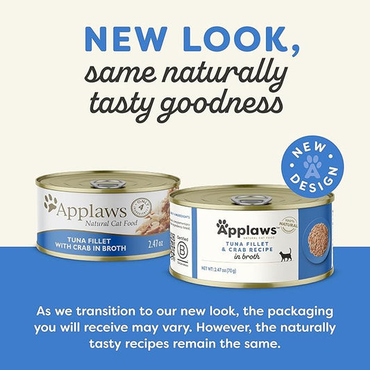 Applaws Natural Wet Canned Cat Food, Limited and Natural Ingredients, High Protein with No Artificial Additives, Tuna Fillet & Crab in Broth (24 x 2.47oz Cans)