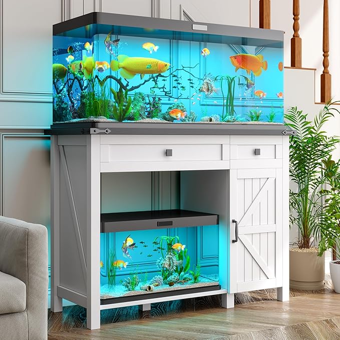 40 Gallon Fish Tank Stand with Power Outlets, Farmhouse Decorative Aquarium Stand Furniture with Adjustable Shelves and Drawer, Reptile Turtle Tank Stand with Cabinet Storage (White, 30-40GL)