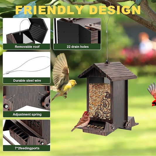 Squirrel Proof Bird Feeder for Outdoor Hanging,Metal Bird Seed Feeder with Bilateral Weight Activated Perches,5LB Large Capacity Wild Bird Feeders for Outside,Easy Refill and Clean,Brown