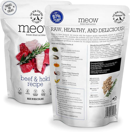 The New Zealand Natural Pet Food Co Meow Freeze Dried Cat Food - Beef & Hoki Recipe, High Protein, Meals & Toppers, Dry Cat Food,1.76 oz