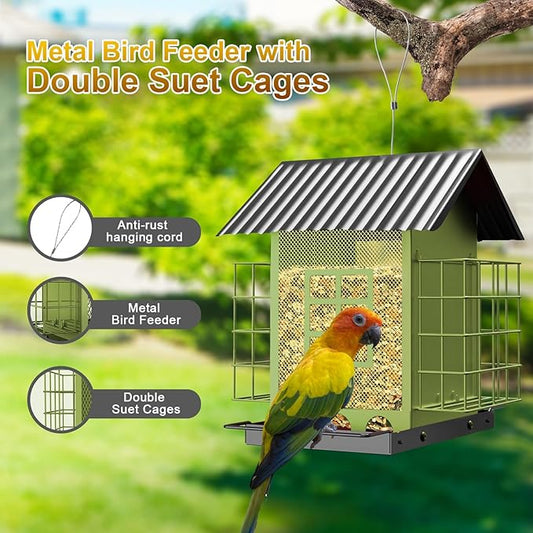 Bird Feeders for Outdoors Hanging, Metal Bird Feeder with Double Suet Cage Cake, Large Capacity, Birdfeeders Sturdy & Weatherproof, Easy to Clean & Refill, Great for Attracting Wild Birds