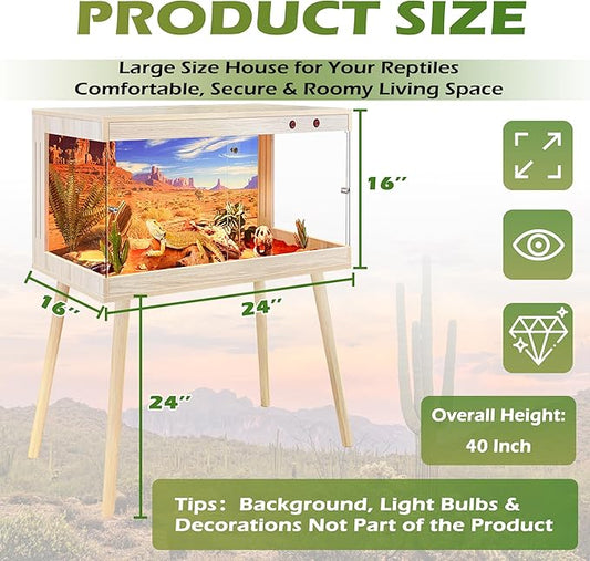 Royxen Tempered Glass Bearded Dragon Tank,24 Gallon Reptile Tank with Leg Stand,Built-in Lighting Reptile Enclosure Scartch-Proof Bearded Dragon Encloure for Chameleon,Snake,Lizard(Oak,24"x 16"x 16")