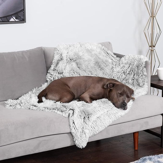 Furhaven Waterproof Throw Blanket for Dogs & Indoor Cats, Washable - Shaggy Plush Calming Long Faux Fur & Velvet Dog Blanket - Mist Gray, Large