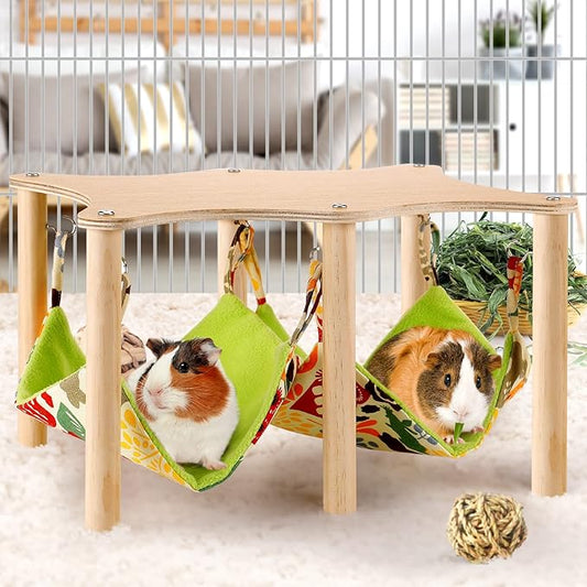 Guinea Pigs Hammock with Natural Wooden Stand- Large Hanging Hammock Bed for Piggies Chinchilla Hamster Bunny Ferrets Hiding Sleeping