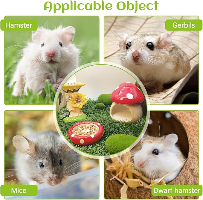 BNOSDM Ceramic Hamster Hideout and Food Bowl Set Cute Mushroom Shape Hamster House and Habitat Cool Hamsters Hide Suitable for Syrian, Mice, Dwarf Hamsters, Gerbils (Red)