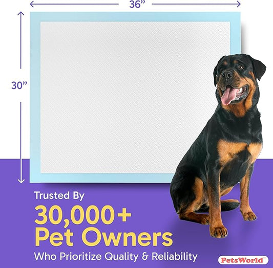 PetsWorld Extra Large Potty Pads for Dogs, Odor Eliminating 30" x 36", 50 Count Pee Pads for Pets, Gigantic XL Dog Pads, 5 Layer Ultra Absorbent Technology, Leak Proof Training Pads for Dogs & Cats