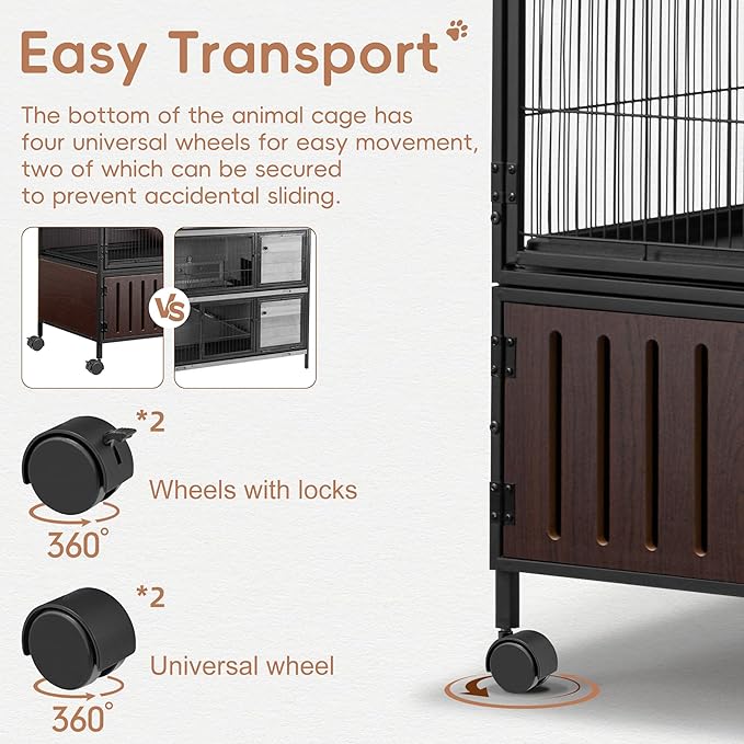 HABUTWAY 60''H Metal Large Ferret Cage, Rolling Chinchilla Cage with Removable Ramps& Double Door, Critter Nation with Locker, Small Animal Cage, Rat Indoor Wooden Pet Crate Furniture