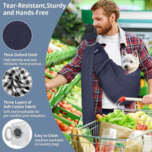 CUBY Dog and Cat Sling Carrier - Hands Free Reversible Pet Papoose Bag - Soft Pouch and Tote Design - Suitable for Puppy, Small Dogs Cats Outdoor (Blue, Adjust Strap 1.0)