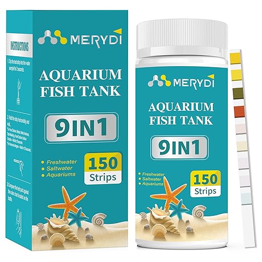 9-Way Aquarium Test Strips, Aquarium Test Kit for Fish Tanks & Ponds, 150 ct Quick & Accurate Water Testing Iron Copper Sodium Chlorine Nitrate Nitrite Total Alkalinity Hardness Free Chlorine pH