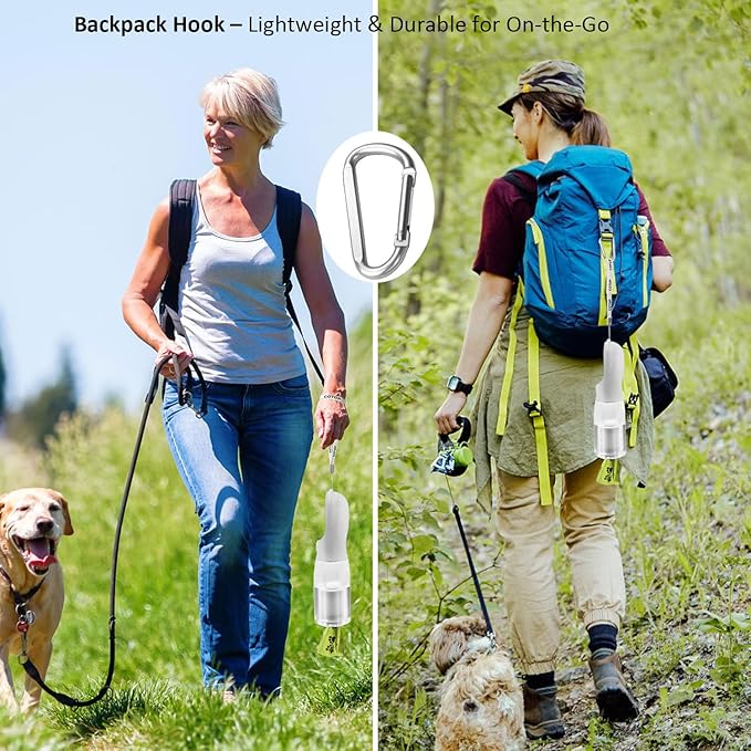 20oz Dog Water Bottle with Food Container & Poop Bag Dispenser | Leak-Proof Portable Pet Water Dispenser with Carabiner Clip | for Walking, Hiking, Travel (White, 20oz)