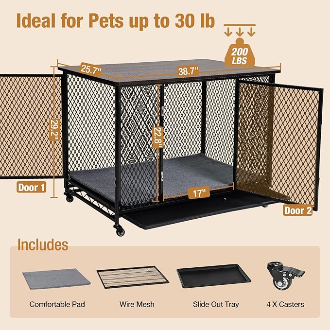 Dog Crate Furniture with Cushion, Wooden Dog Crate Table, Modern Kennel for Dogs Indoor, Heavy-Duty Dog Cage with Multi-Purpose Removable Tray, 38.7" L