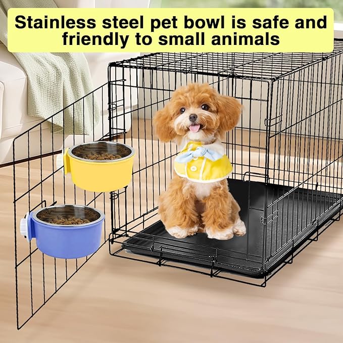 Hamiledyi 2-Pack Hanging Dog Bowls with Removable Stainless Steel Feeder - Spill-Proof Crate Bowls for Kennel/Cage, Puppy to Medium Dogs, Cats, Rabbits & Guinea Pigs (Durable Pet Food & Water Dishes)