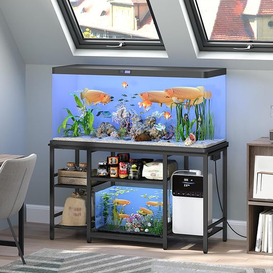 55-75 Gallon Fish Tank Stand with Power Outlet, 3-Tier Metal Frame Aquarium Stand, Heavy Duty Reptile Terrarium Tank Stand, 52.0" L x 19.7" W x 29.9" H, 800 LBS Capacity, Black FTBK55E01