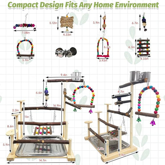 PINVNBY Bird Playground 9 PCS Parrot Perch Stand Play Gym Cockatiel Wood Bird Toys Birds Cage Accessories Playpen with Feeder Cups Hanging Swing Toys for Parakeet Conure Lovebird Cockatiel