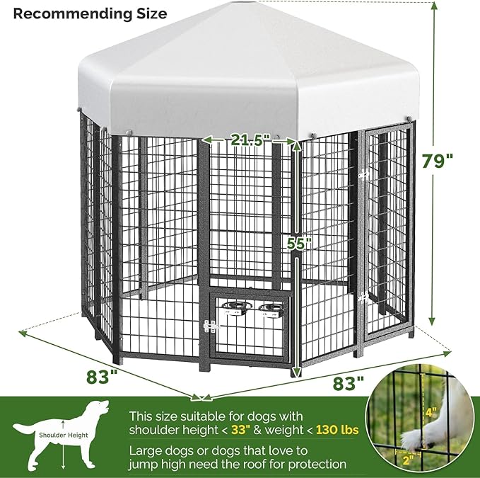 Sino Luban Outdoor Dog Kennel Outside Run with Doggy Door, Swivel Feeder&Roof - 7x7x6.5FT Large Dog Kennels Pens Outside for Large/Multiple Dogs - Heavy Duty Cage(Can Connect to Your Dog House)