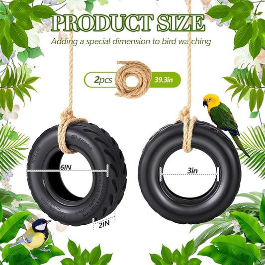 2 Pcs Tire Swing Bird Feeder for Outdoor Hanging 6 x 2 Inches with Rope Special Tire Bird Feeder Seed Catcher for Funny Swing Outside Gift