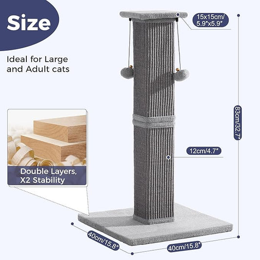 Large Cat Scratching Post with Heavy Duty Base 33" Sturdy Square Sisal Scracher Post and 2 Interactive Hanging Balls for Big Cats-Grey
