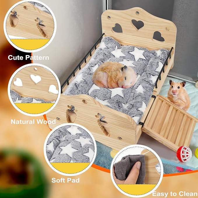 Wooden Rabbit Bed,Detachable Small Animal Bed,Wooden Guinea Pig Bed with Stairs and Washable Mat,Guinea Pig Toys for Rabbit Chinchillas Hamster Ferret(Small Rabbits & Bunny Only) 16.5 * 11 * 3.9inch