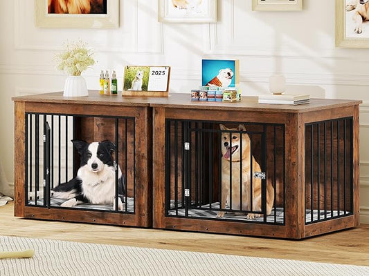 YITAHOME 76 Inch Double Dog Crate Furniture, XXL Dog Crate Furniture for 2 Dogs, Side End Table, Waterproof, Safety Corners, 2-in-1 Iron-Wood Fusion Dog Kennel Furniture for 2 Large Dogs,Rustic Brown