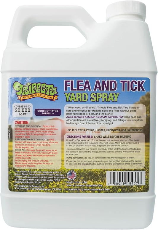 Trifecta Outdoor Flea & Tick Yard Spray Concentrate | All Natural Flea and Tick Spray for Yards with Essential Oils | Pet and Family Safe | Concentrated Formula For Hose-End Sprayers and Pumps (32 oz)