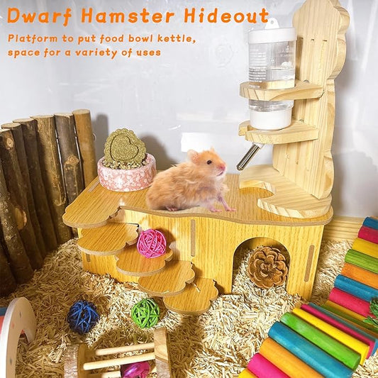 Hamiledyi Hamster Hideout with Ladder Dwarf Hamster Wooden Maze Tunnel Platform Multi Chamber Exploring Toy Habitat Decor for Gerbil Syrian Mouse Small Animal, Brown
