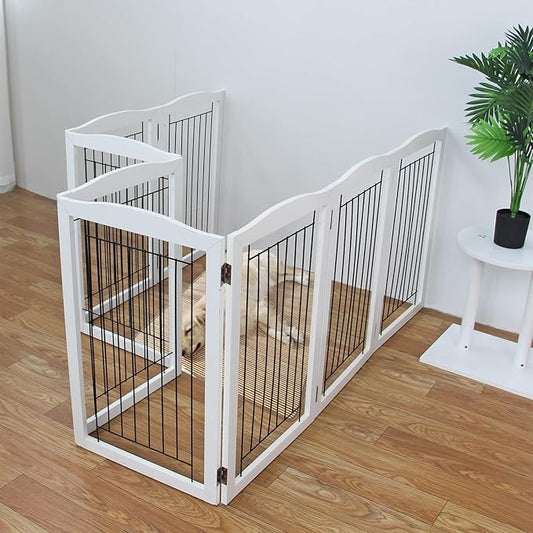 ZJSF Freestanding Foldable Dog Gate for House Extra Wide Wooden White Puppy Gate Stairs Dog Gates Doorways Tall Pet Gate 3 Panels Pet Fence